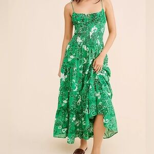 Anthropologie Green Floral Smocked Maxi with Spaghetti Straps